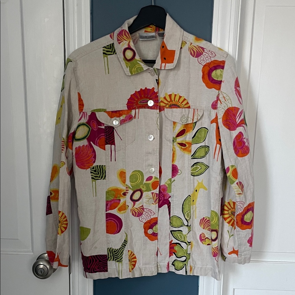 Chico’s 100% Linen Floral Jacket Size 1 –‎ Colorful Spring Travel Layer